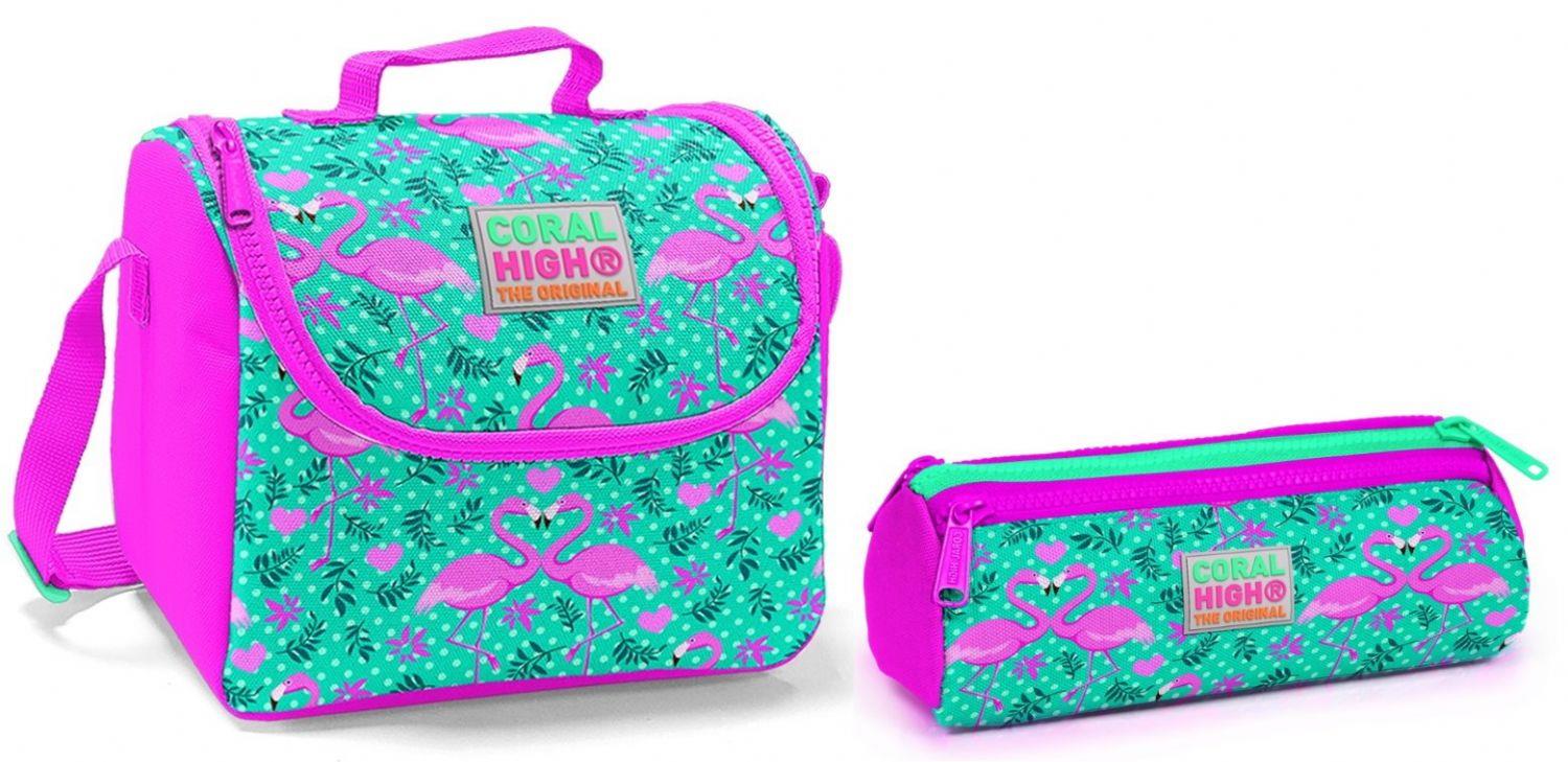 Coral High Yeşil Flamingo Kız Çocuk Beslenme Çantası ve Kalemlik Seti - Thermo