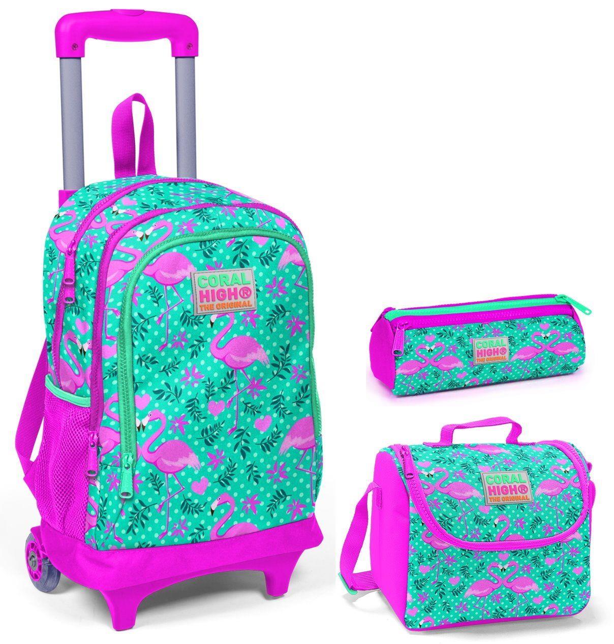 Coral High Yeşil Flamingo Kız Çocuk Çekçek Çanta Seti - Işıklı Tekerlekler