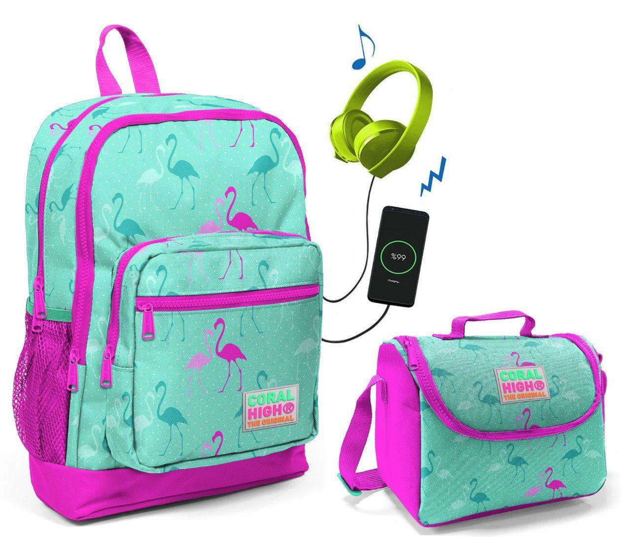 Coral High Yeşil Flamingo Okul Çantası ve Beslenme Çantası Seti - USB Soketli