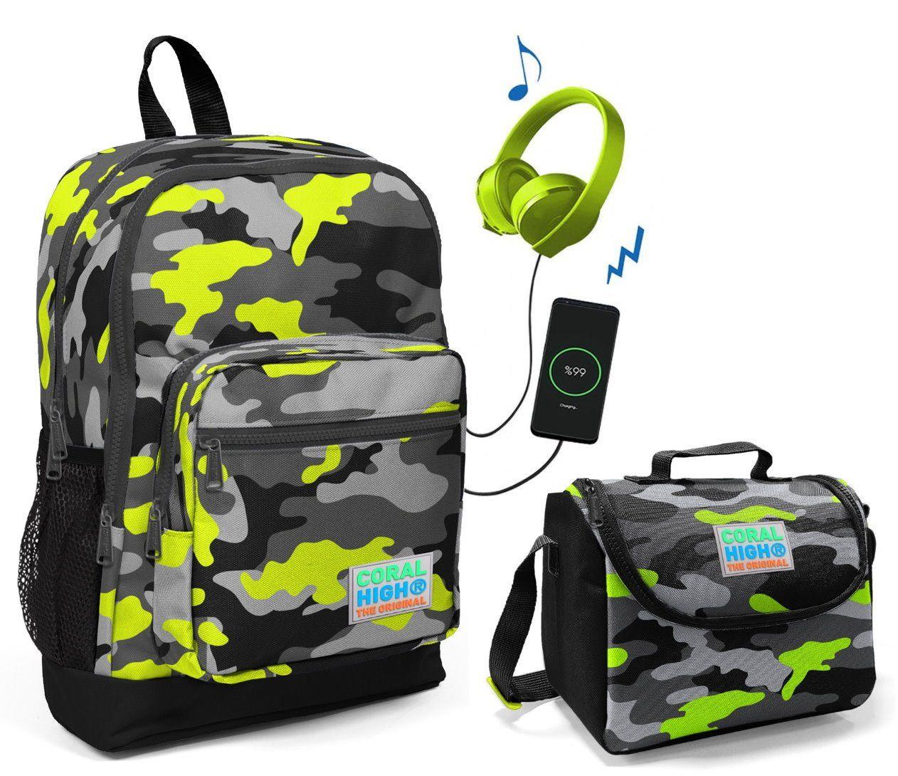 Coral High Yeşil Kamuflaj Okul Çantası ve Beslenme Çantası Seti - Erkek Çocuk
