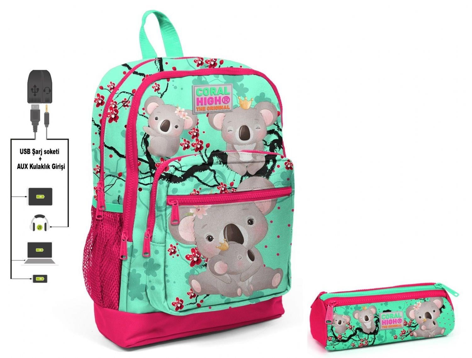 Coral High Yeşil Koala Baskılı İlkokul Sırt Çantası ve Kalemlik Seti - USB Soketli - Kız Çocuk