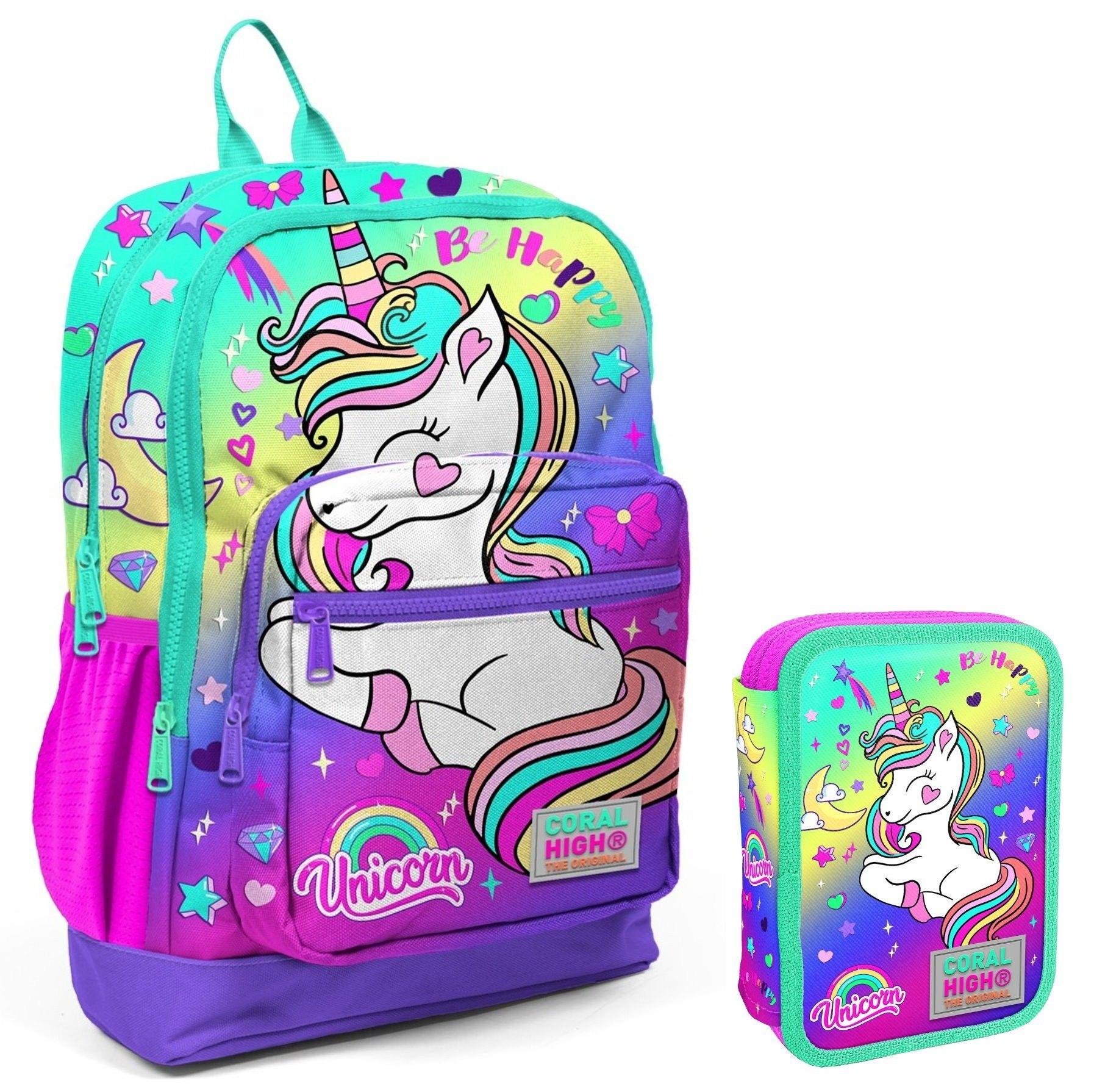 Coral High Yeşil Mor Unicorn Kız Çocuk Okul Çantası ve Organizer Kalemlik Seti 23729 11129