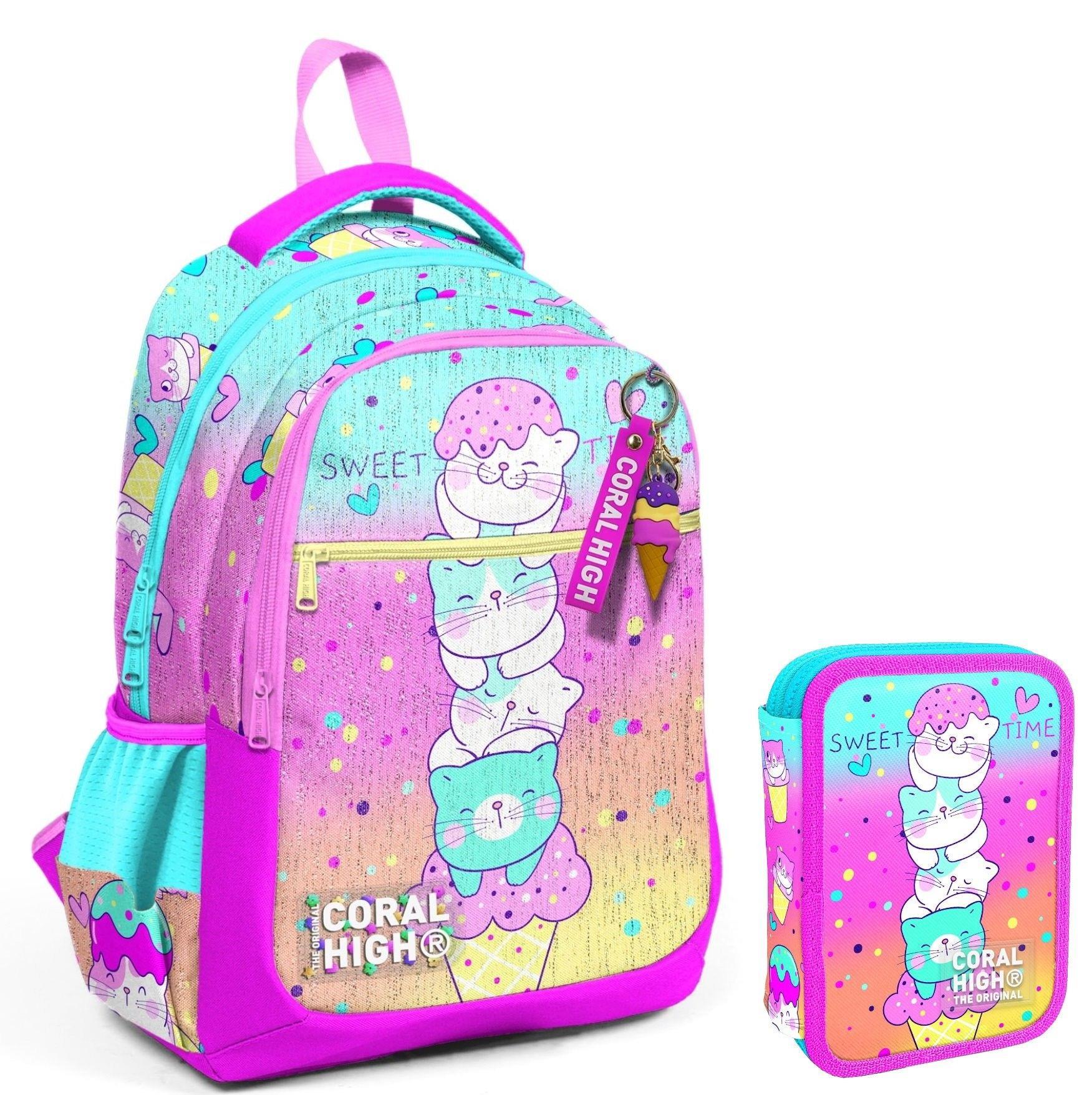 Coral High Yeşil Pembe Dondurma ve Kediler Kız Çocuk Okul Çantası ve Organizer Kalemlik Seti 23648+11139