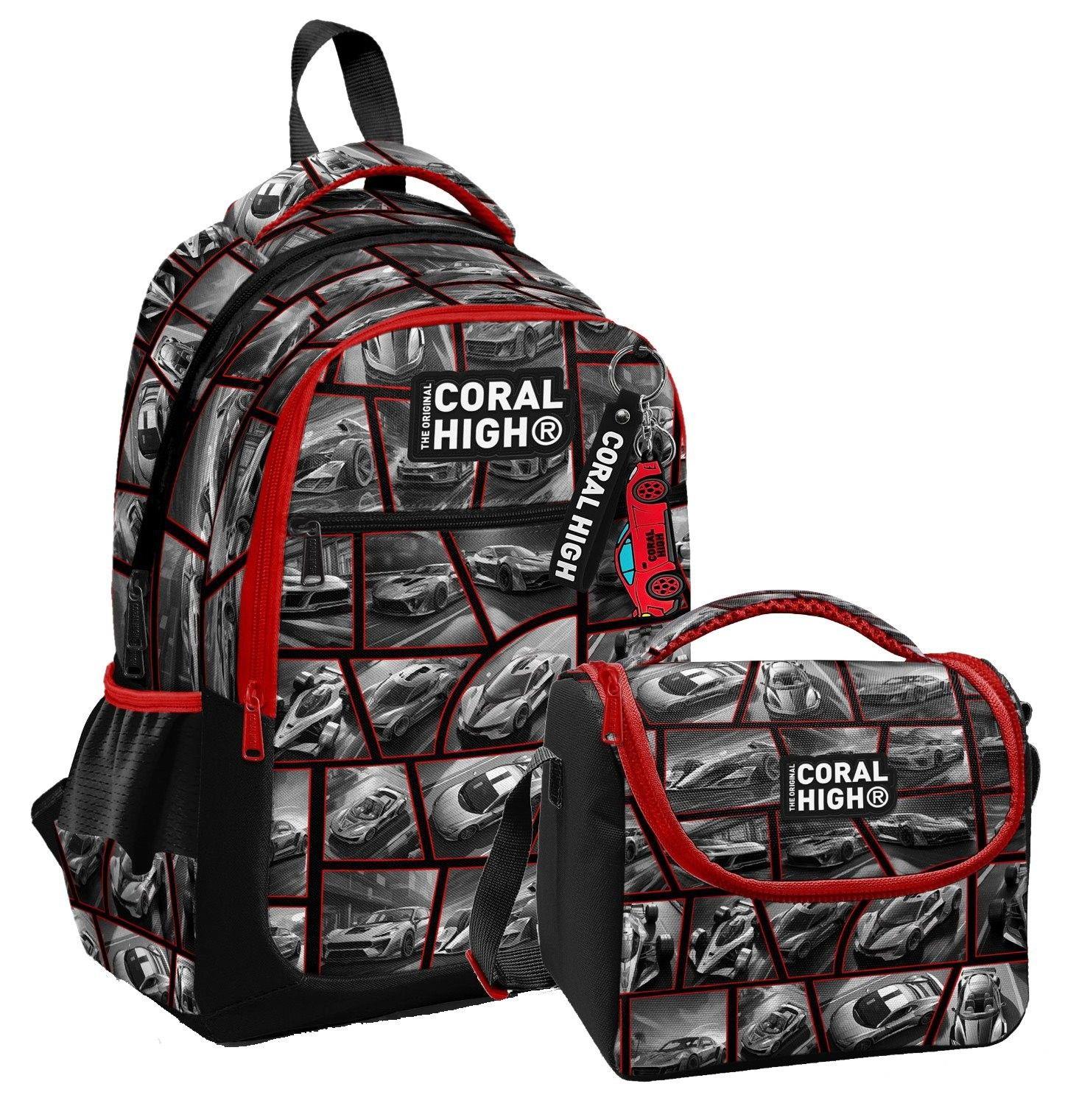 Coral HighErkek Çocuklar İçin Üç Gözlü Siyah Kırmızı Araba Okul Sırt Çantası ve Termal Beslenme Çantası
