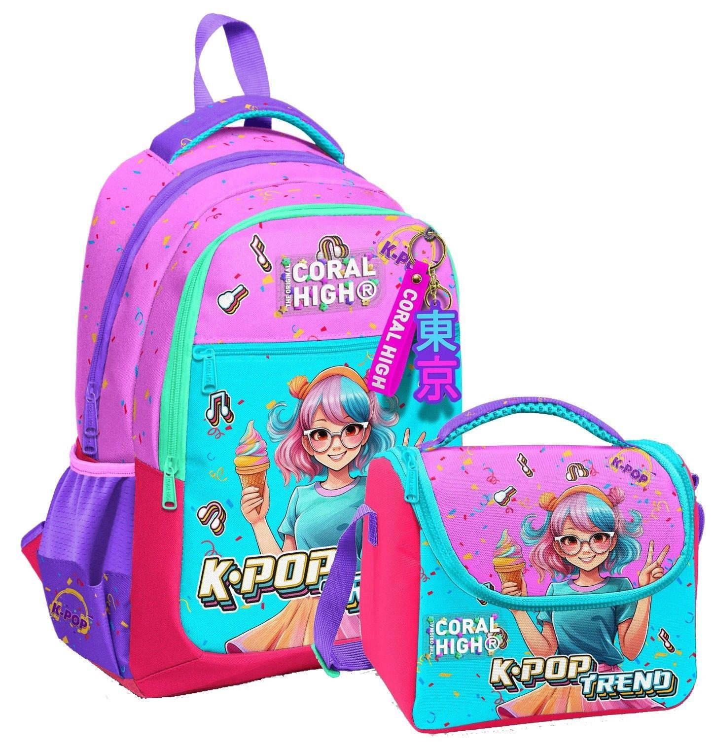 Coral HighKız Çocuklar İçin Üç Gözlü Pembe K-Pop Dondurmalı Kız Okul Sırt Çantası ve Termal Beslenme Çantası