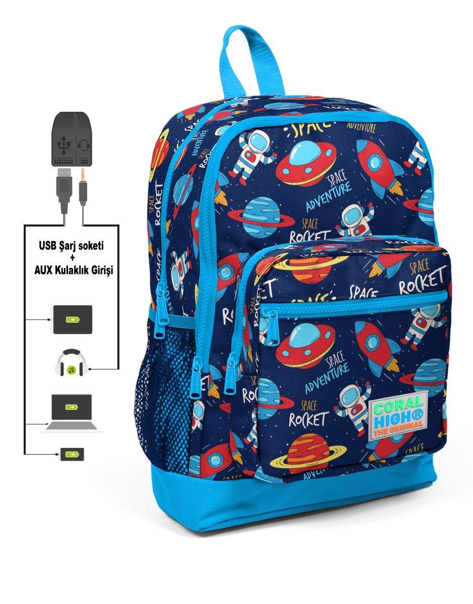 Dört Gözlü Erkek Çocuk İlkokul Çantası - Uzay Macerası Desenli - USB+AUX Soketli