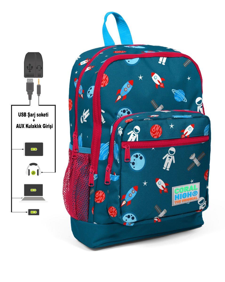 Dört Gözlü Erkek Çocuk İlkokul Çantası - Astronot Baskılı - USB+AUX Soketli