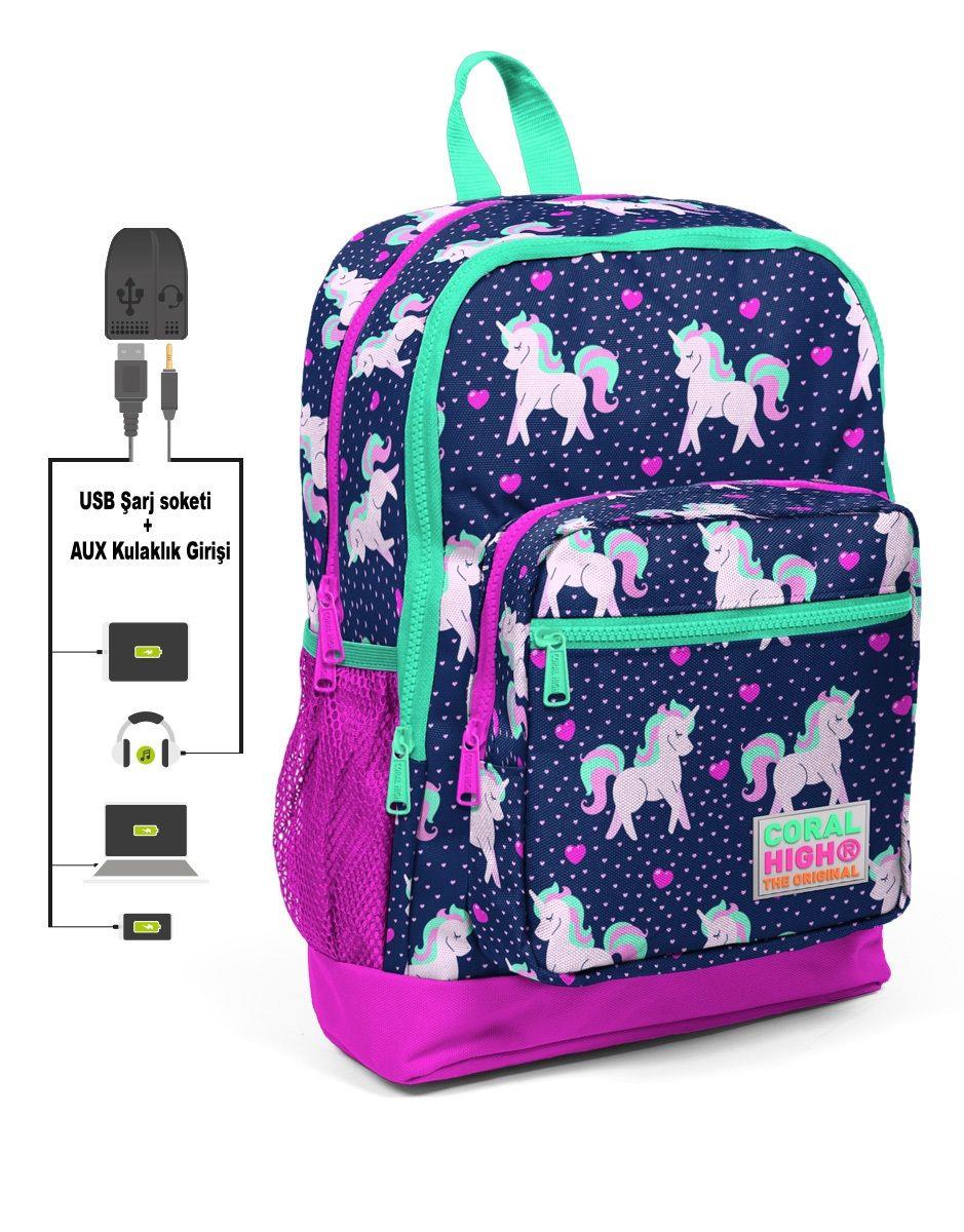 Dört Gözlü Kız Çocuk İlkokul Çantası - Kuğu Desenli - USB+AUX Soketli