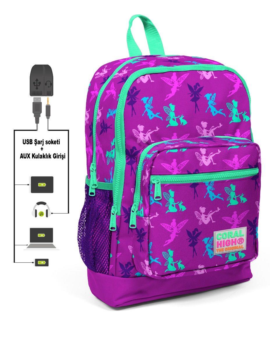 Dört Gözlü Kız Çocuk İlkokul Çantası - Peri Baskılı - USB+AUX Soketli