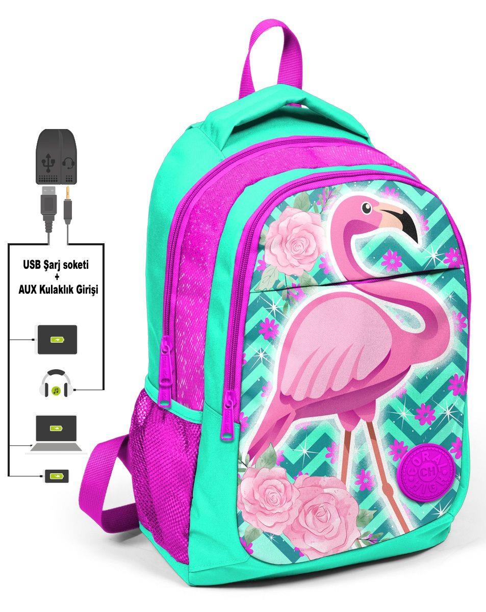 Flamingo İlk ve Ortaokul Sırt Çantası - USB ve AUX Çıkışlı