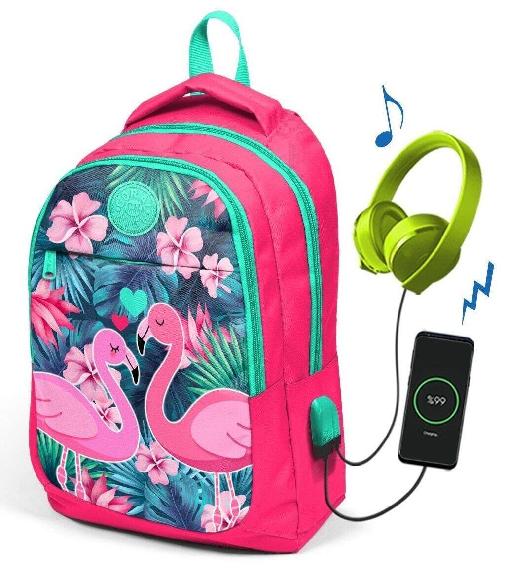 Flamingolar İlk ve Ortaokul Sırt Çantası - USB ve AUX Çıkışlı Pembe