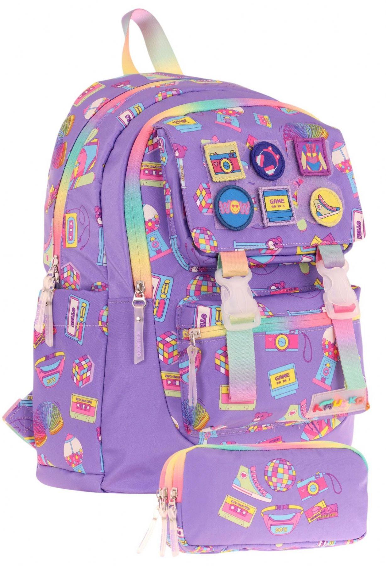 Kaukko Armalı Hobi Desenli Okul Çantası + Kalemlik Seti (L5238+L8238) Kız Çocuk - Mor