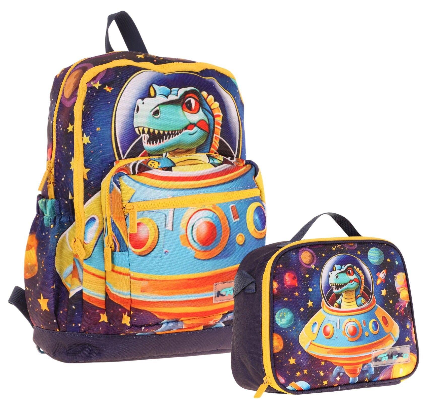 Kaukko Astronot Dinazor Baskılı Erkek Çocuk Okul Çantası ve Thermo Beslenme Çantası Seti - Mavi Sarı (L5273+L7273)