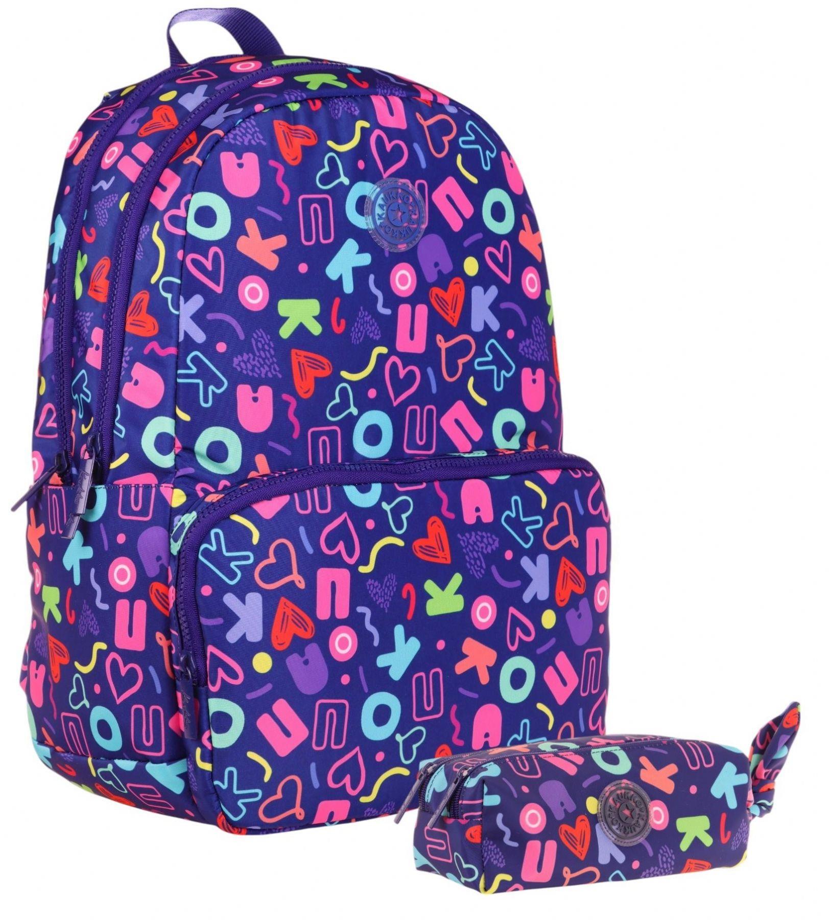 Kaukko Brokar Kalp ve Kaukko Baskılı Lacivert Kız Çocuk Okul Çantası ve Kalemlik Seti