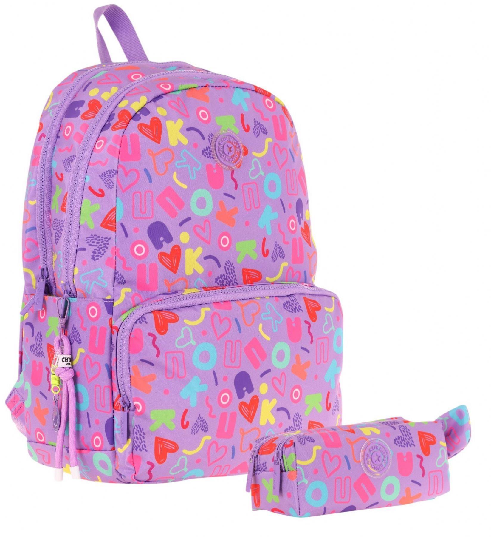 Kaukko Brokar Kalp ve Kaukko Baskılı Mor Kız Çocuk Okul Çantası ve Kalemlik Seti