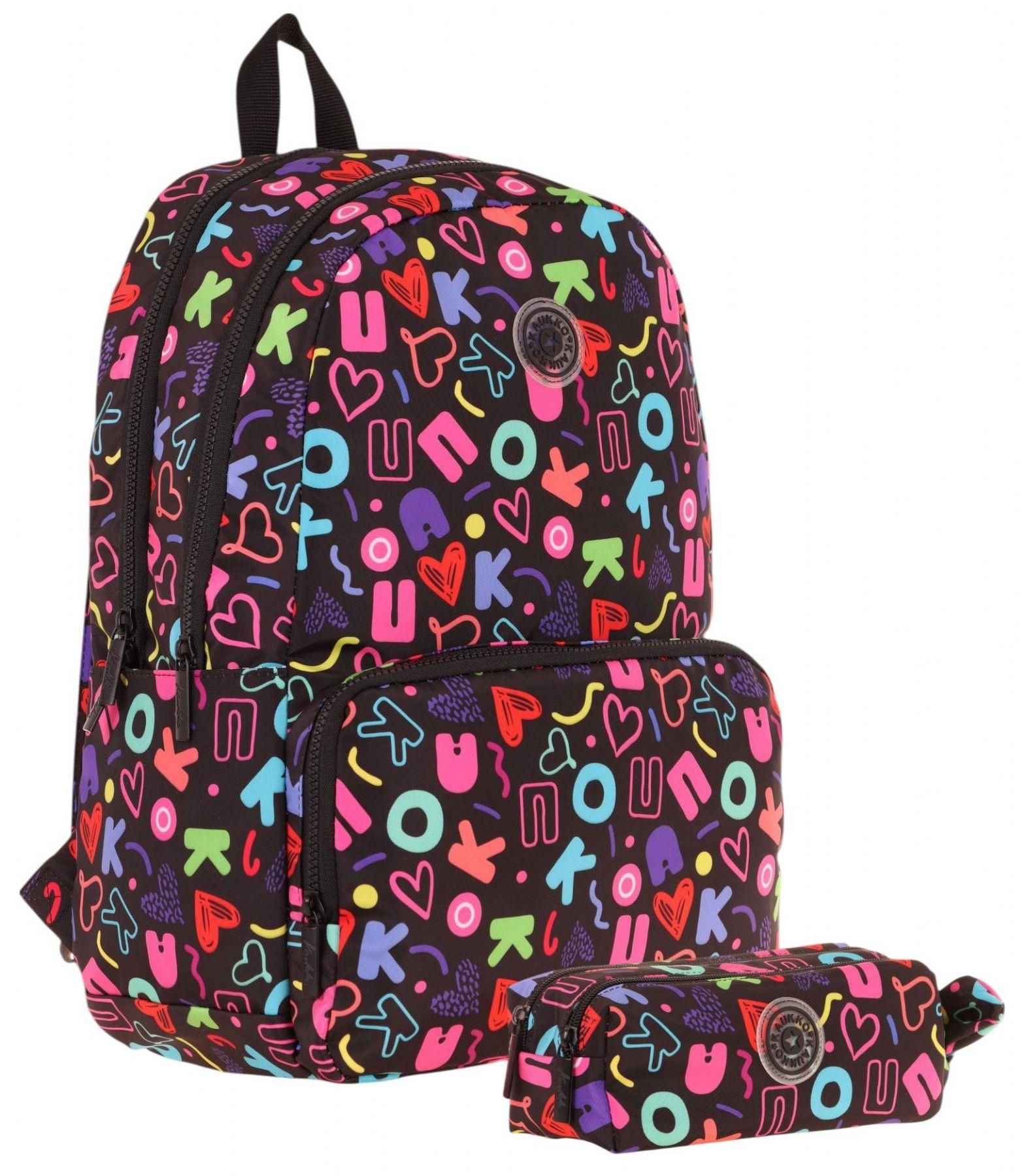 Kaukko Brokar Kalp ve Kaukko Baskılı Siyah Kız Çocuk Okul Çantası ve Kalemlik Seti
