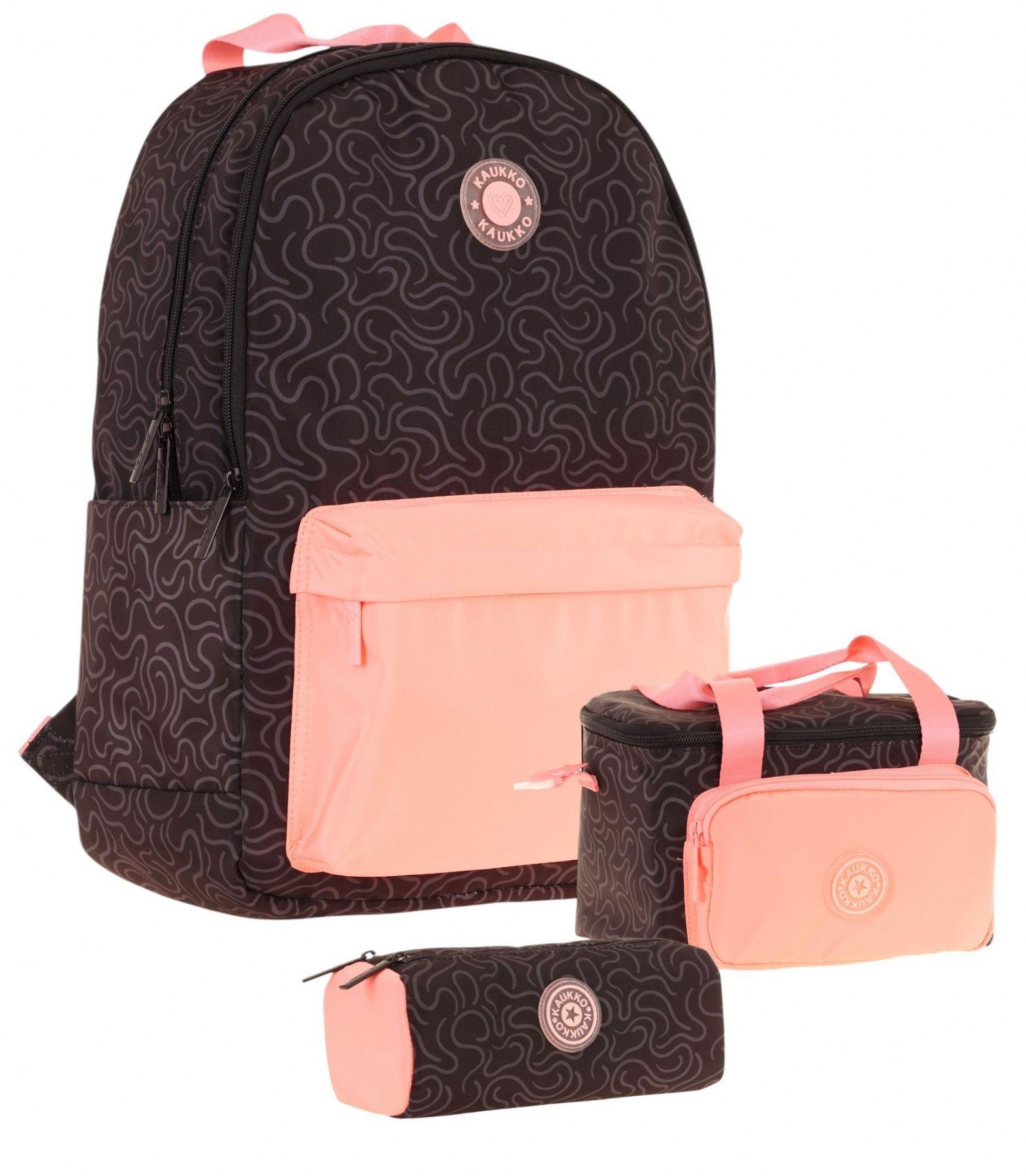 Kaukko Çizgi Desenli Siyah Somon Kız Çocuk Üçlü Okul Çanta Seti