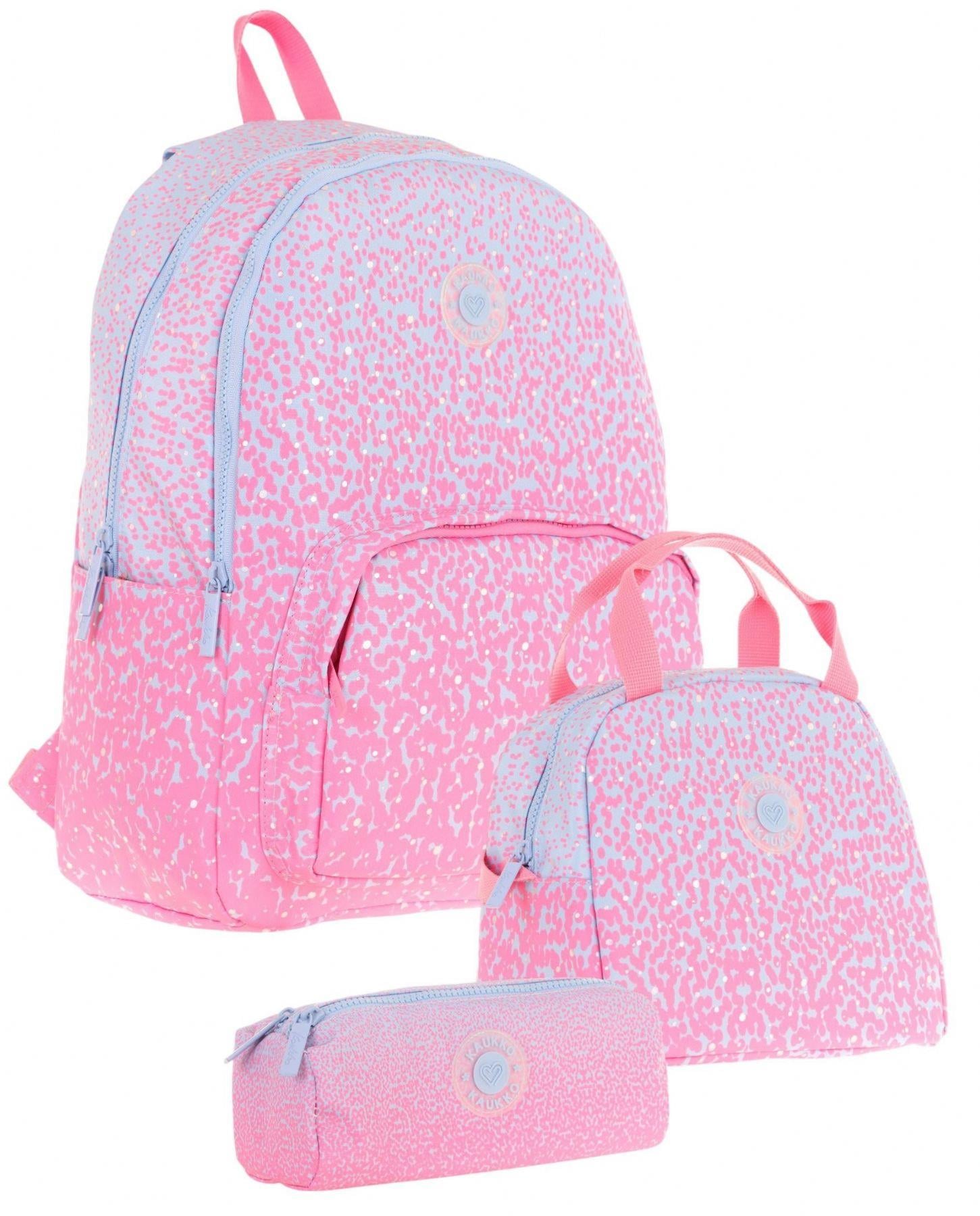 Kaukko Dots Pembe Nokta Desenli Kız Çocuk Üçlü İlkokul ve Ortaokul Çanta Seti