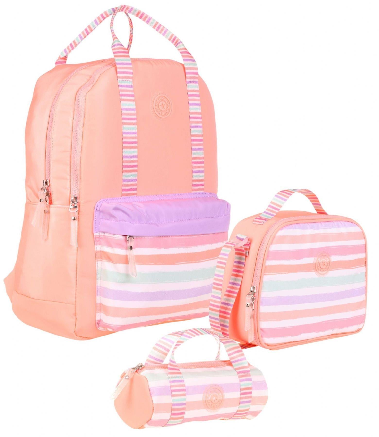 Kaukko Double Stripe Kız Çocuk İlkokul Üçlü Okul Çantası Seti - Somon - Çizgi Desenli