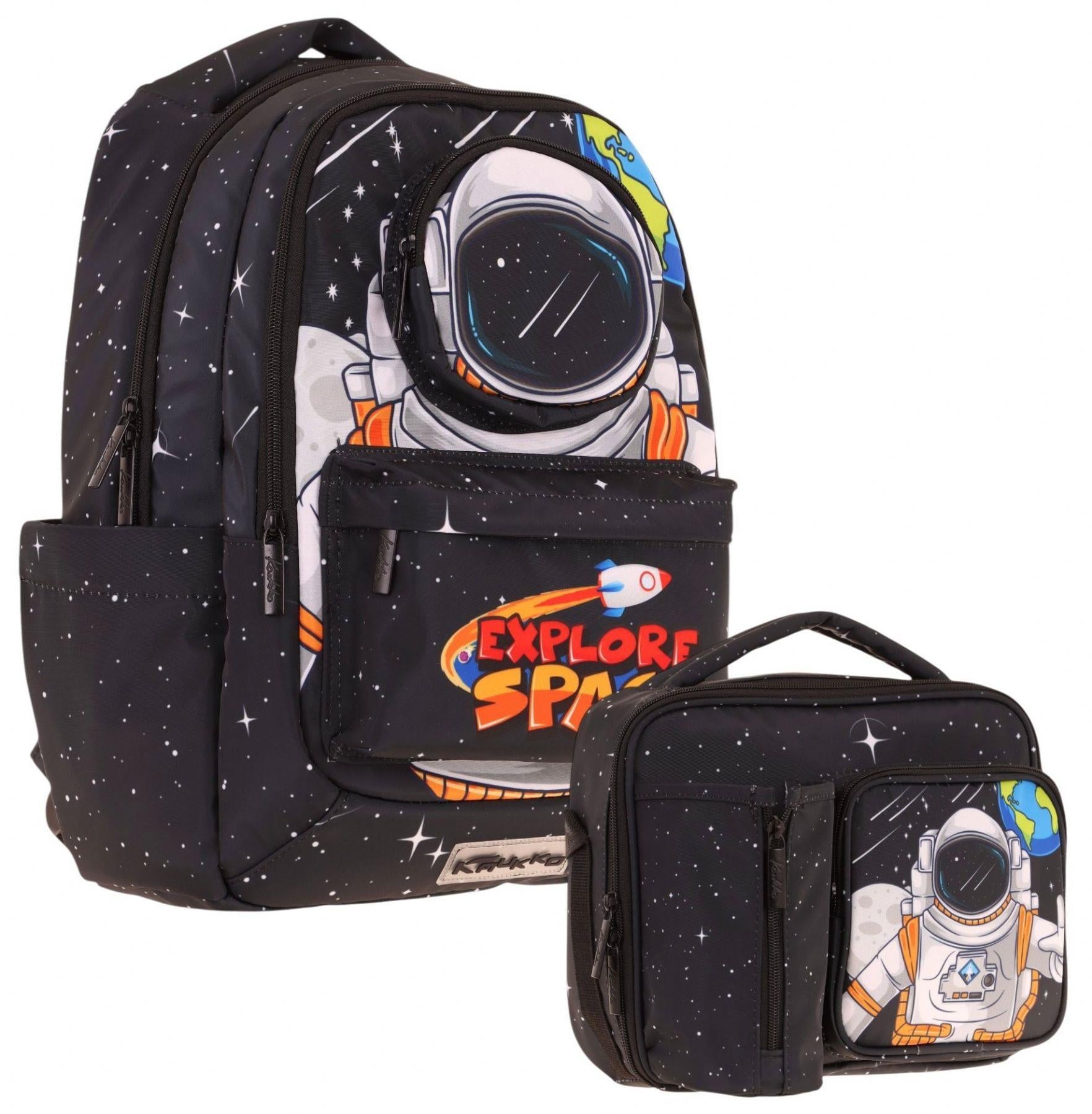 Kaukko Erkek Çocuk 3D Astronot Şekilli Siyah Okul Sırt Çantası ve Isı Yalıtımlı Beslenme Çantası Seti