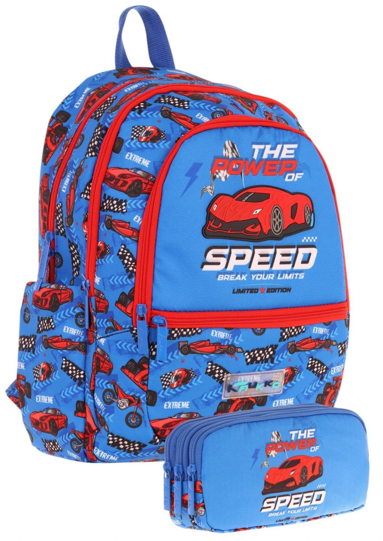 Kaukko Erkek Çocuk Dört Gözlü Okul Çantası ve Üç Gözlü Kalem Çantası Seti - Mavi Kırmızı - Yarış Arabası (L5268+L8268)