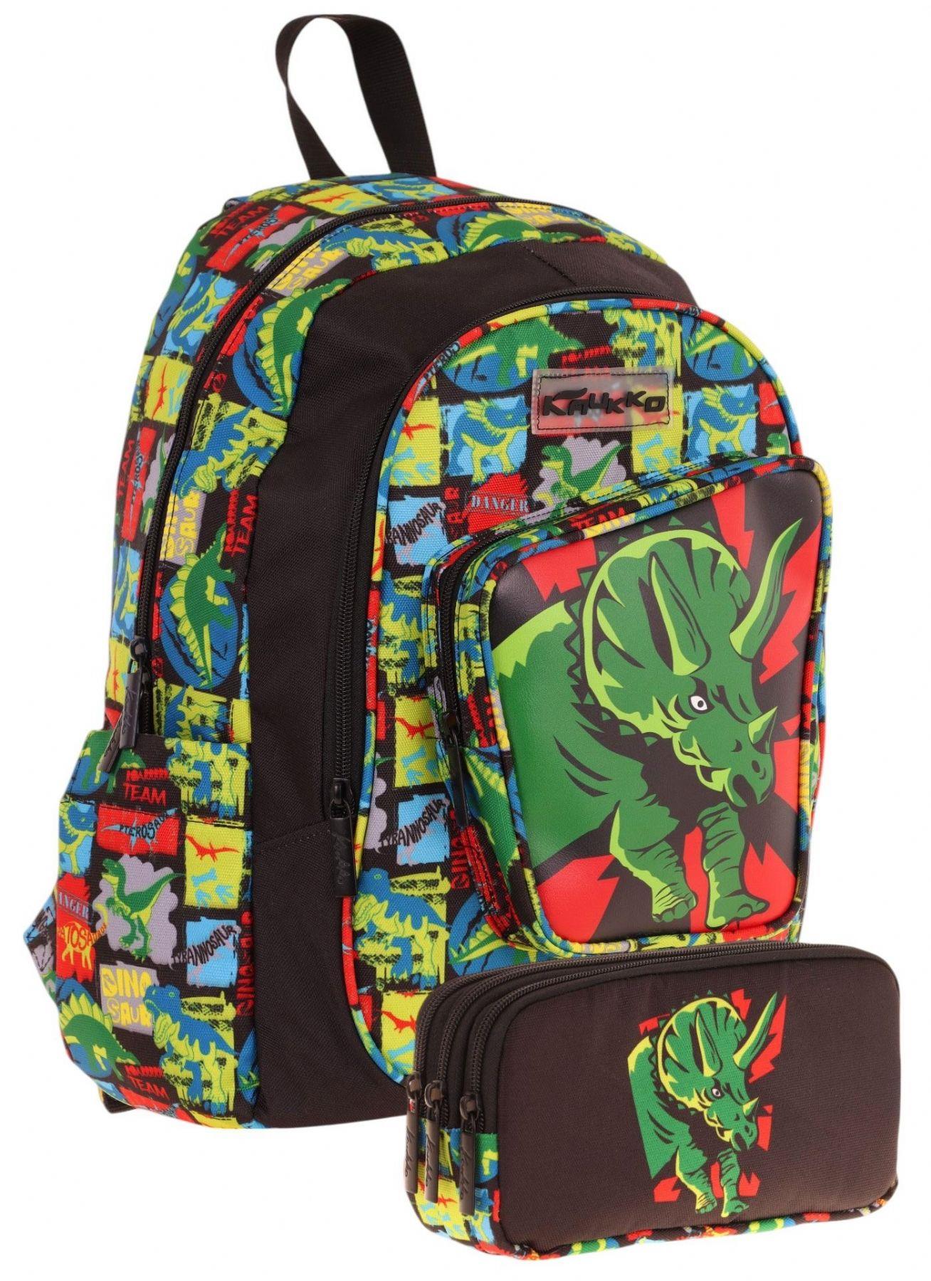 Kaukko Erkek Çocuklar İçin Okul Sırt Çantası (L5263) ve Üç Bölmeli Kalemlik (L8263) Seti - Siyah Yeşil - 3D Gergedan Detaylı