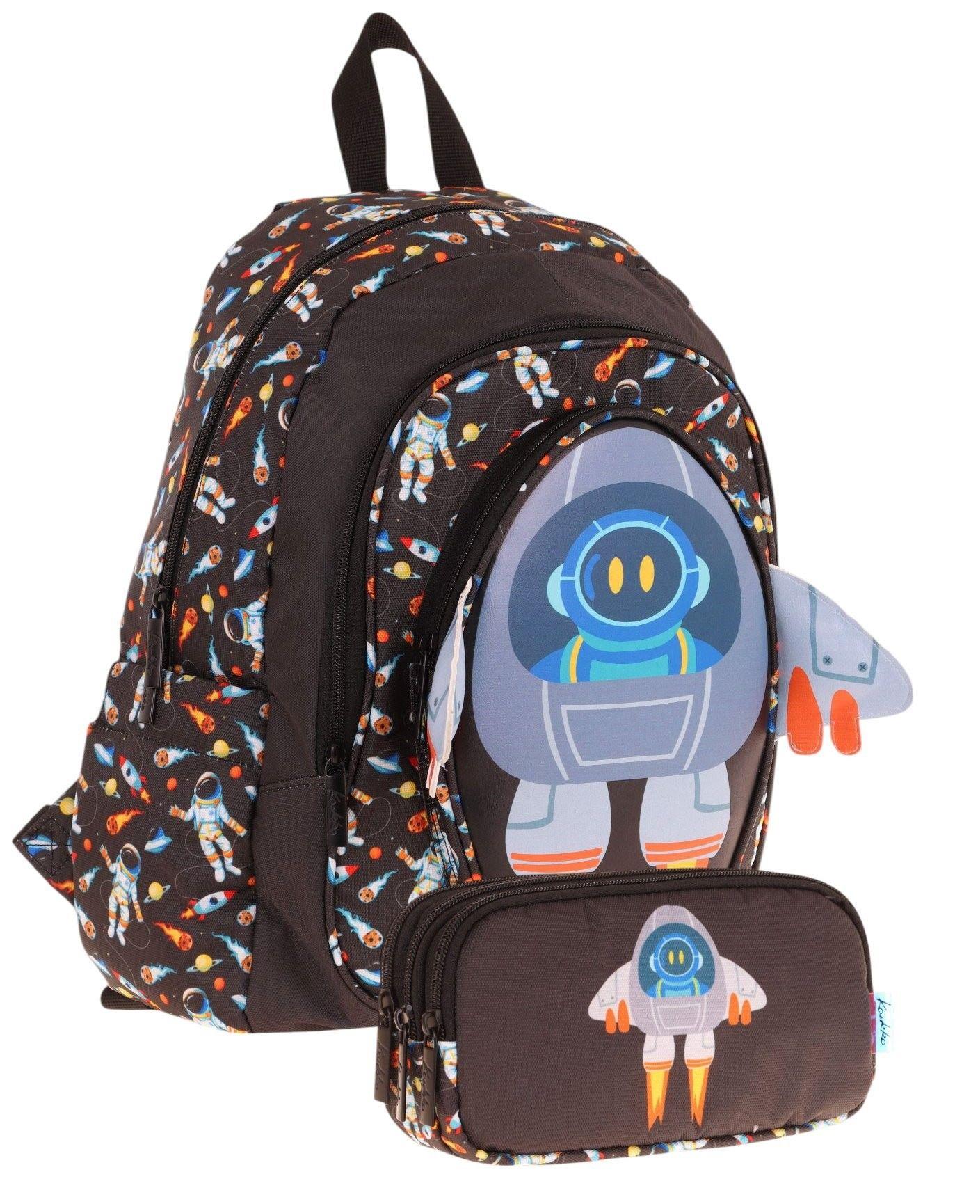 Kaukko Erkek Çocuklar İçin Okul Sırt Çantası (L5264) ve Üç Bölmeli Kalemlik (L8264) Seti - Siyah - 3D Roket Detaylı