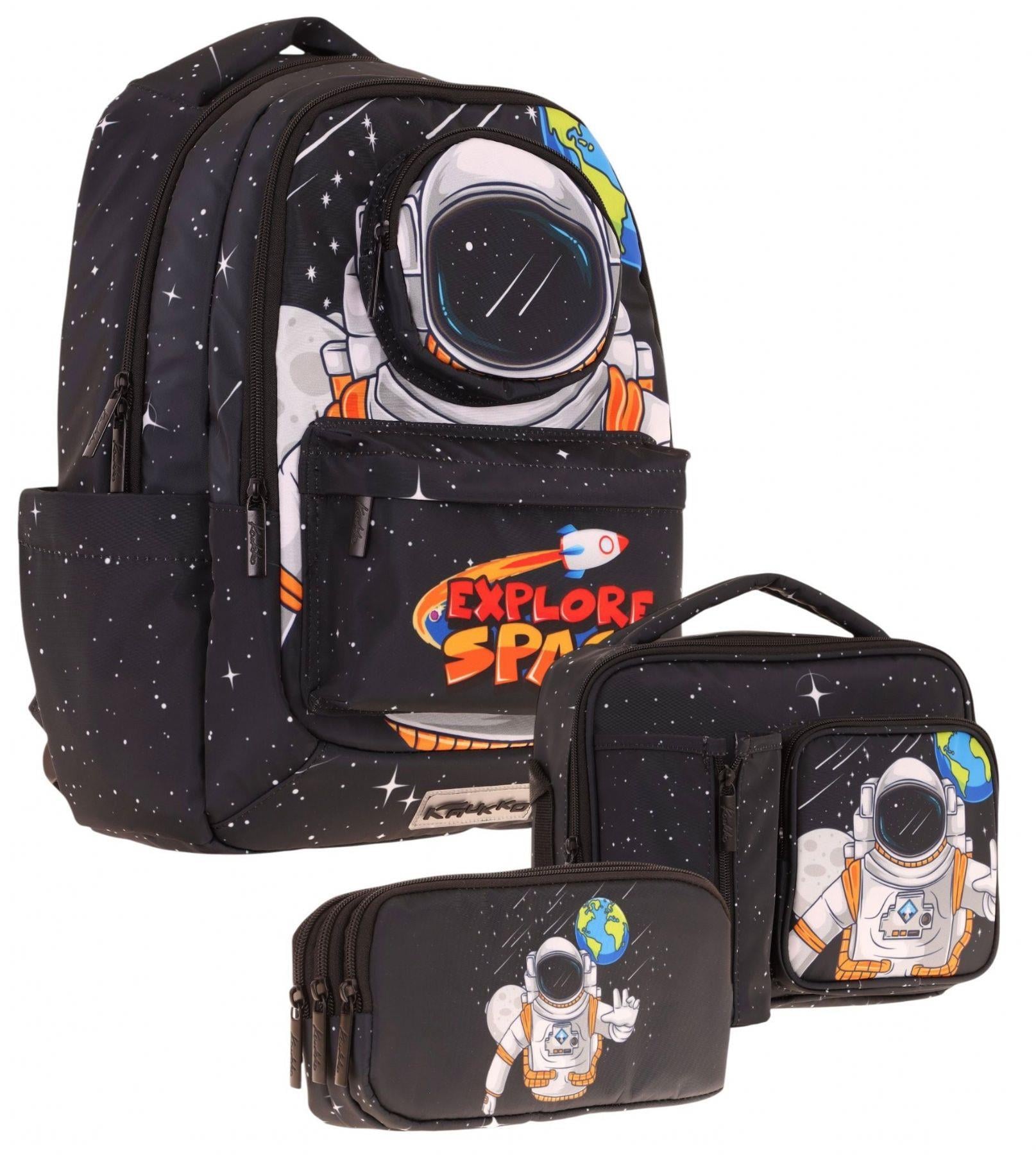 Kaukko Kids 3D Astronot Şekilli Erkek Çocuk Üçlü Okul Çantası Seti/Takımı - Siyah (L5253+L7253+L8253)