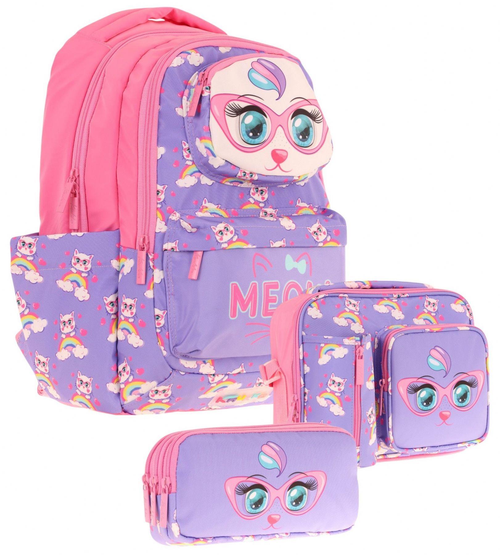 Kaukko Kids 3D Kedi Şekilli Kız Çocuk Üçlü Okul Çantası Seti/Takımı - Mor Pembe (L5236+L7236+L8236)
