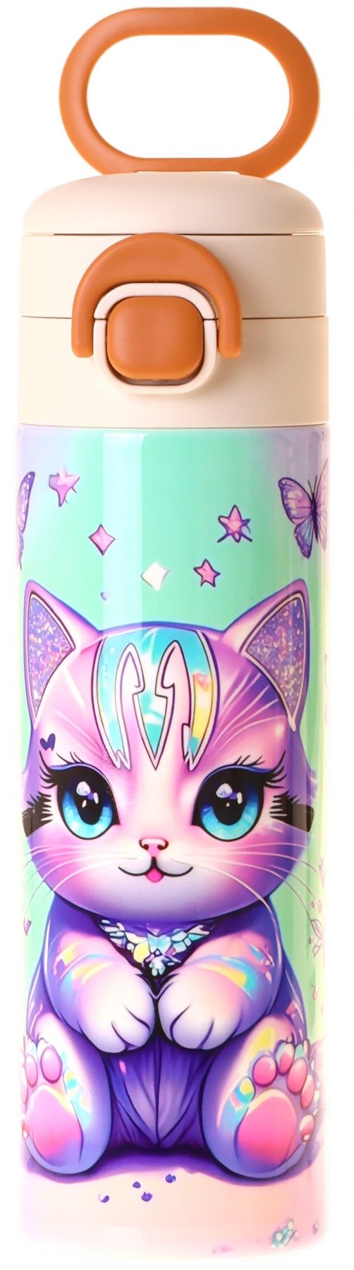 Kaukko Kids 520 ml Mor Kedi Desenli Yeşil - Mor Kız Çocuk Çelik Termos Matara (Çift İçim Kilitli Kapak) - L5291