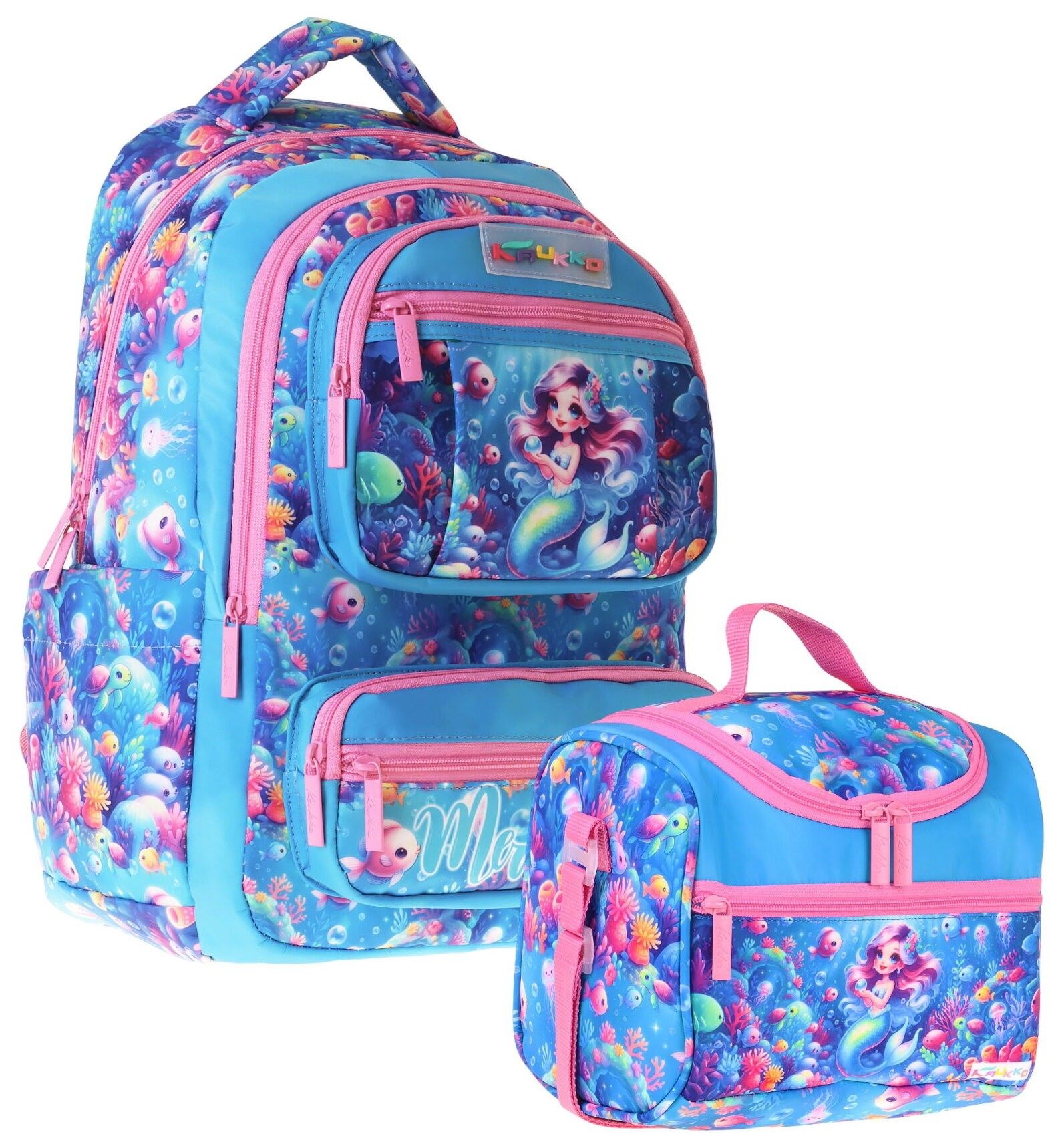 Kaukko Kids Coral Kız Çocuk Pembe - Mavi İlkokul Sırt Çantası ve Beslenme Çanta Seti - SETKK-L5323B