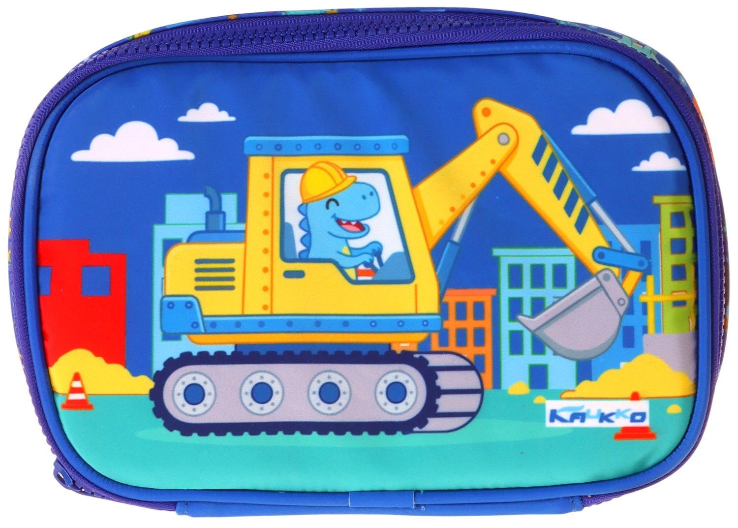 Kaukko Kids Dinazor ve İş Makinesi Baskılı Mavi - Sarı Erkek Çocuk Organizer Kalem Çantası - Kalemlik - L5374