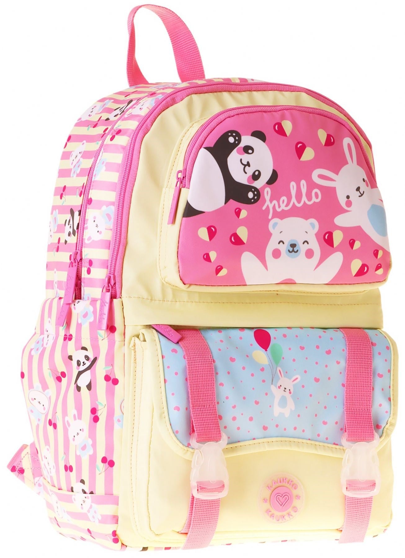 Kaukko Kids Dört Bölmeli Kız Çocuk Hello Baskılı Sarı - Pembe Okul Sırt Çantası - L5308