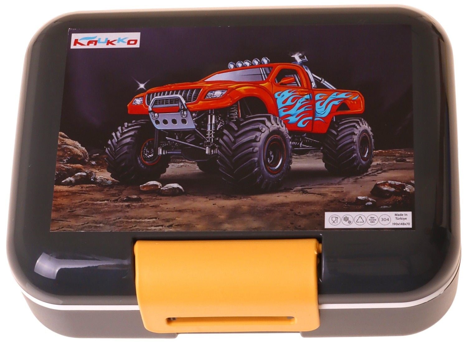 Kaukko Kids Erkek Çocuk Arazi Aracı Baskılı Siyah - Kırmızı Çift Katlı Beslenme Kabı - L5363