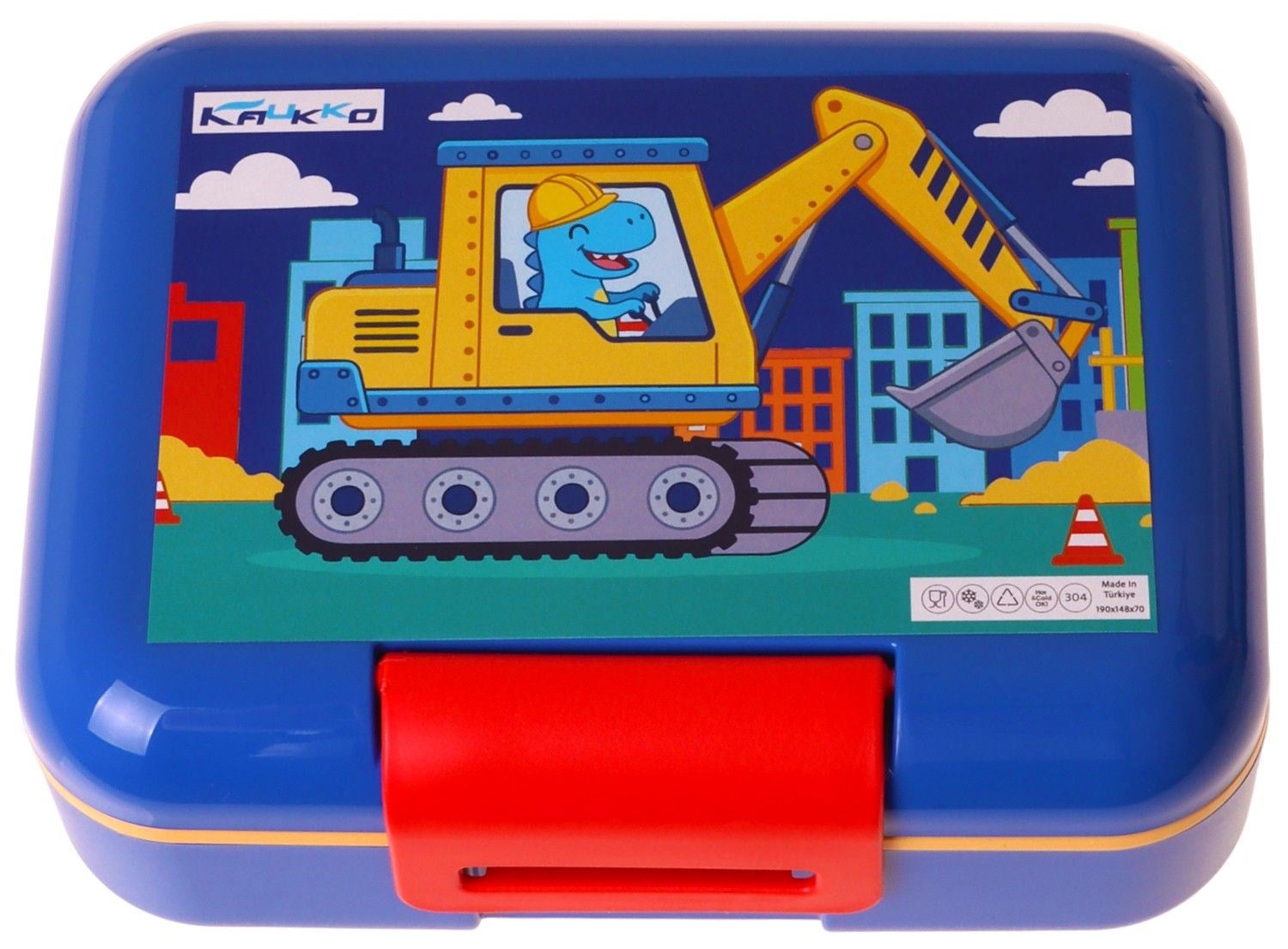 Kaukko Kids Erkek Çocuk Dinazor ve İş Makinesi Baskılı Mavi - Sarı Çift Katlı Beslenme Kabı - L5373