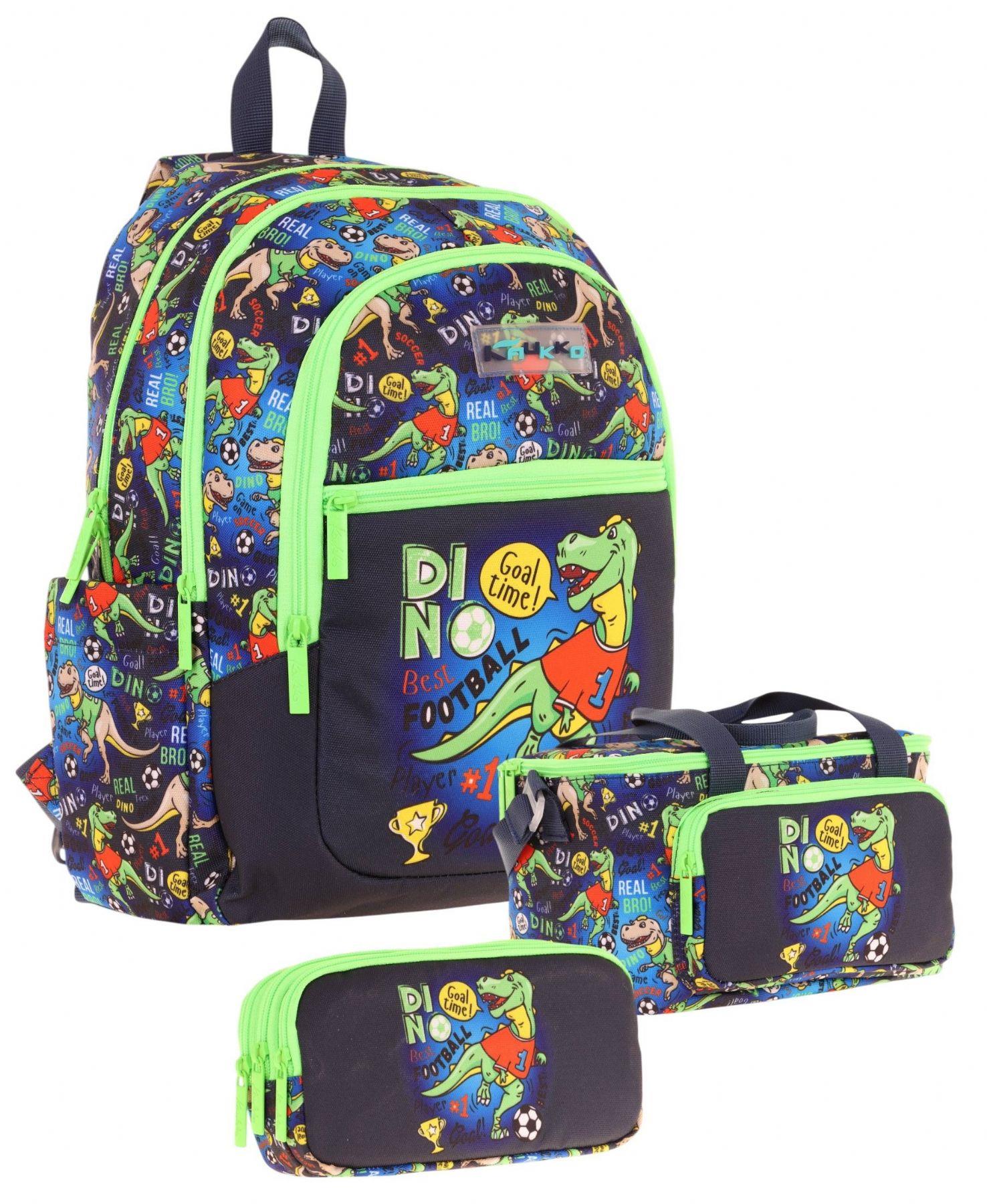 Kaukko Kids Erkek Çocuk İçin Siyah Yeşil Renkli Dinazor DesenliÜçlü Okul Çanta Kombinasyonu
