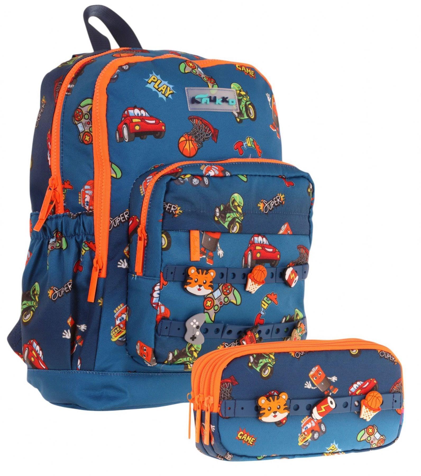 Kaukko Kids Erkek Çocuk Lacivert Turuncu Okul Çantası ve Üç Bölmeli Kalemlik Seti - Silikon Aksesuarlı