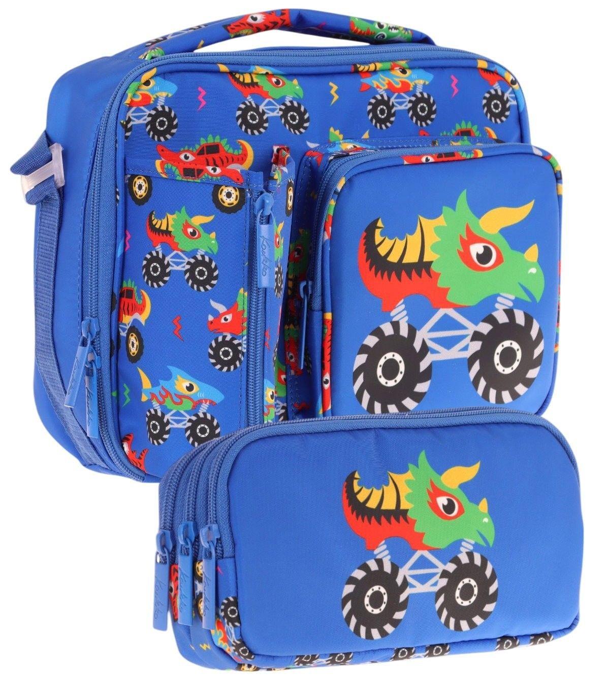Kaukko Kids Erkek Çocuk Mavi Yeşil Canavar Üç Bölmeli Thermo Beslenme Çantası ve Kalemlik Seti (L7255+L8255)