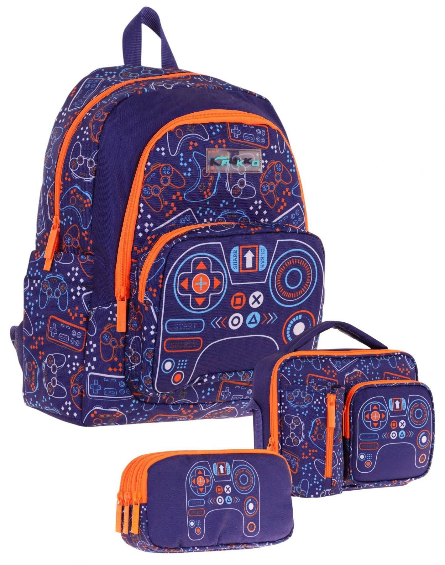 Kaukko Kids Erkek Çocuk Oyun Desenli Üçlü Okul Çanta Seti(Okul Çantası+Beslenme Çantası+Kalemlik)