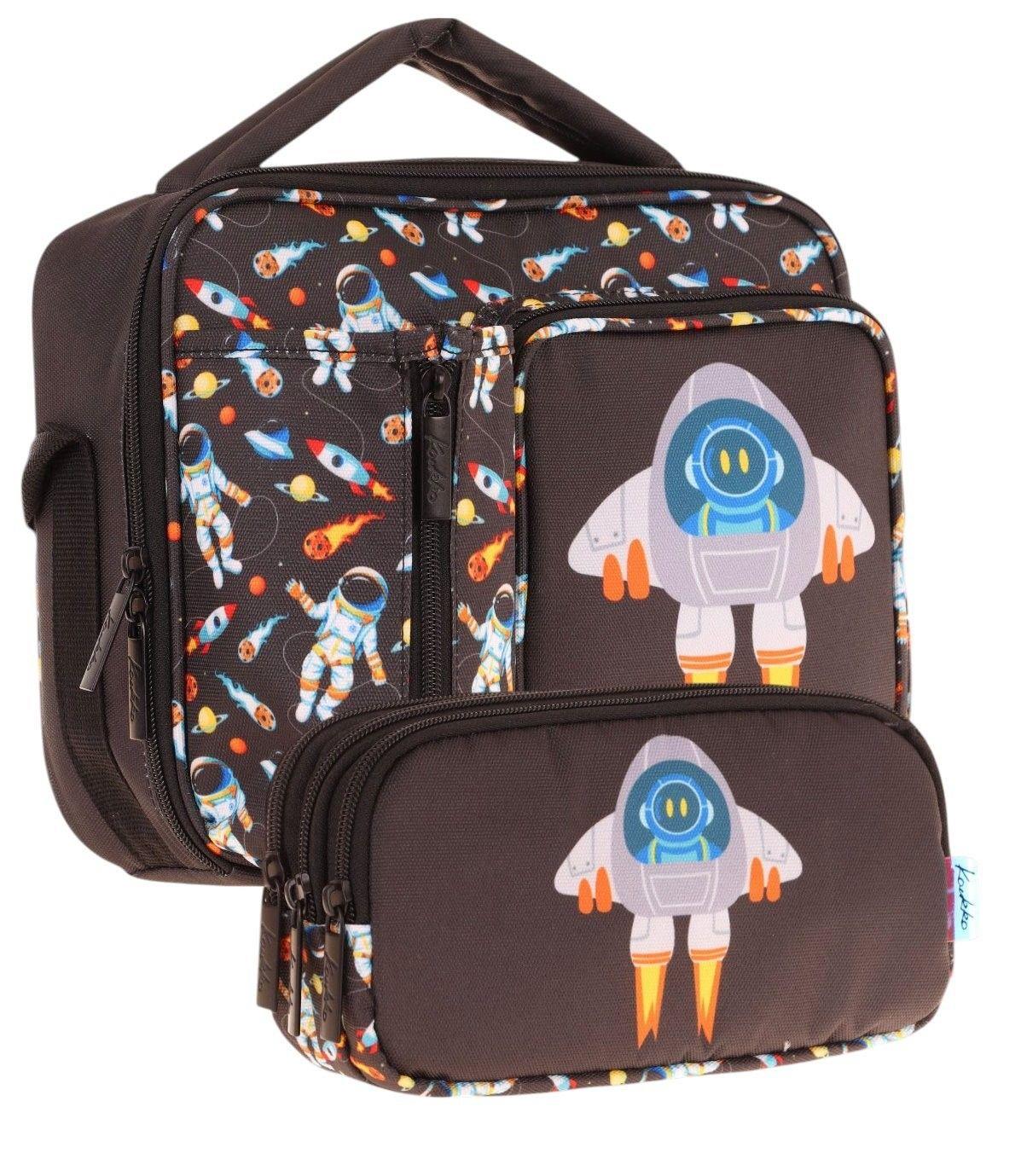 Kaukko Kids Erkek Çocuk Siyah Roket Baskılı Üç Bölmeli Thermo Beslenme Çantası ve Kalemlik Seti (L7264+L8264)