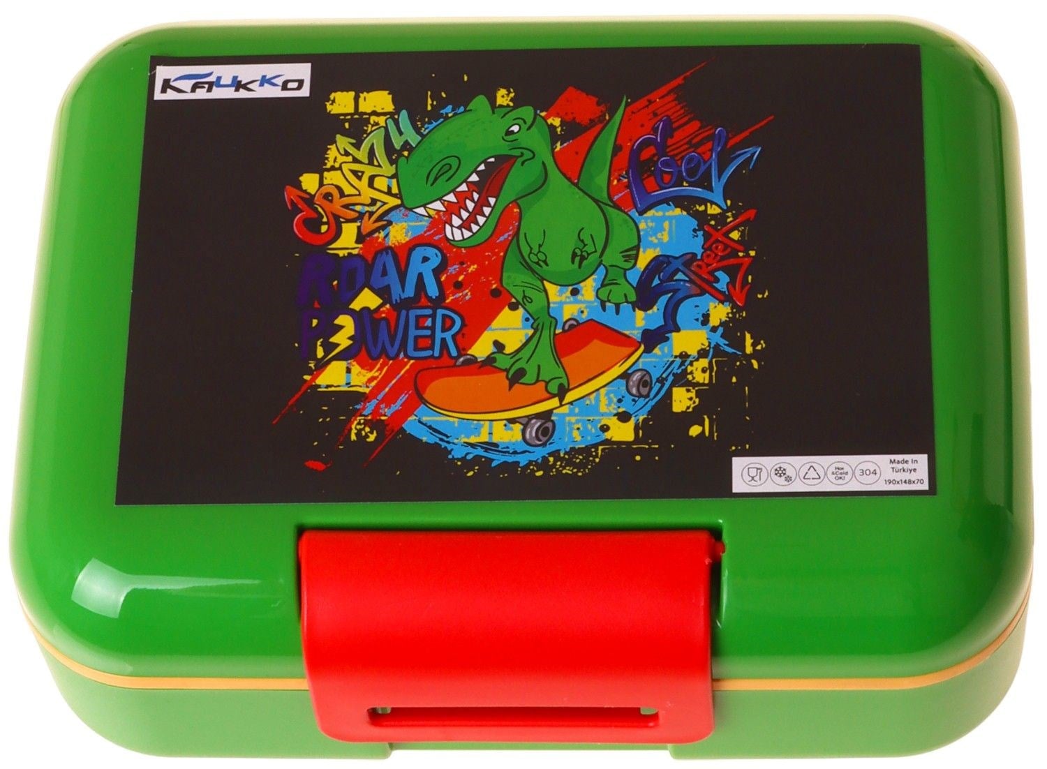 Kaukko Kids Erkek Çocuk Street Dinazor Baskılı Siyah - Yeşil Çift Katlı Beslenme Kabı - L5418