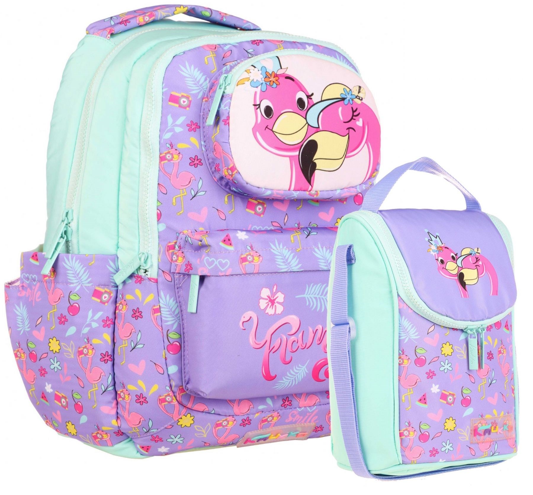 Kaukko Kids Flamingo Baskılı Dört Bölmeli Yeşil Mor Kız Çocuk Okul Sırt Çantası ve Beslenme Seti
