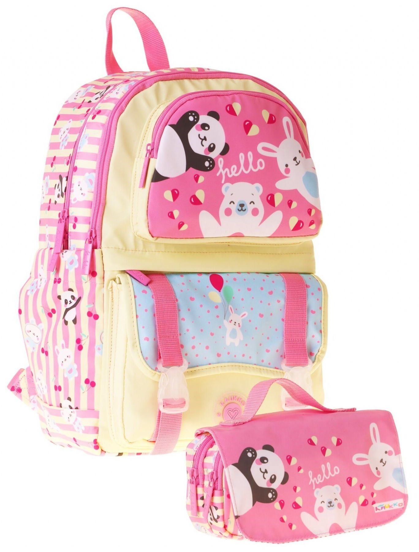 Kaukko Kids Hello Sarı - Pembe Kız Çocuk İlkokul Sırt Çantası ve Kalem Çantası Seti - SETKK-L5308C