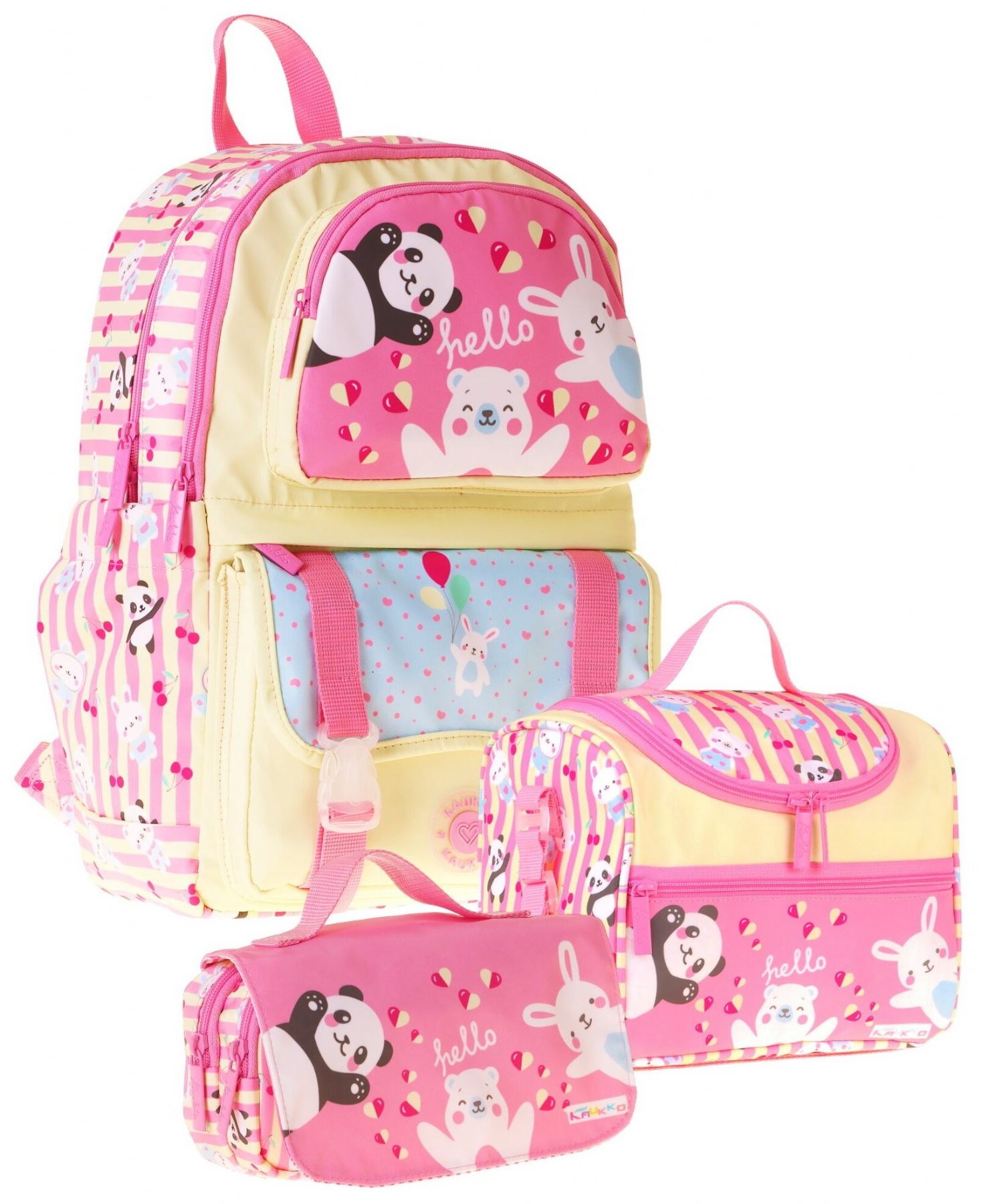 Kaukko Kids Hello(Sarı - Pembe Renk) Kız Çocuk Üçlü İlkokul Okul Çantası Seti/Takımı - SETKK-L5308A