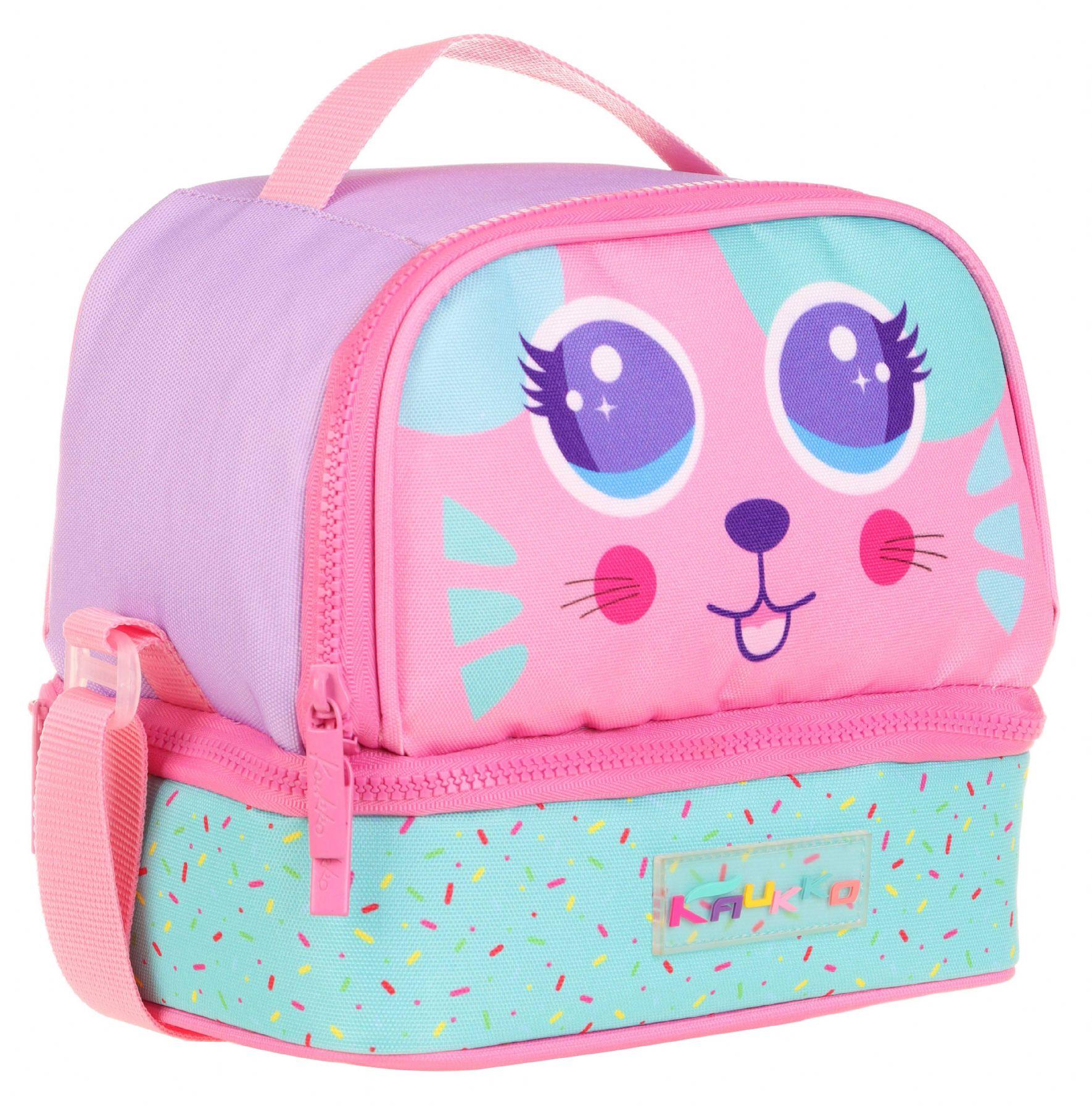 Kaukko Kids İki Gözlü Isı Yalıtımlı Kız Çocuk Yeşil Pembe Sevimli Kedi Beslenme Çantası