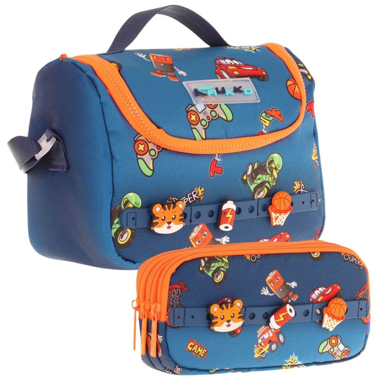 Kaukko Kids Isı Yalıtımlı Beslenme Çantası ve Üç Gözlü Kalemlik Seti - Erkek Çocuk, Lacivert Turuncu (Silikon Aksesuarlı)