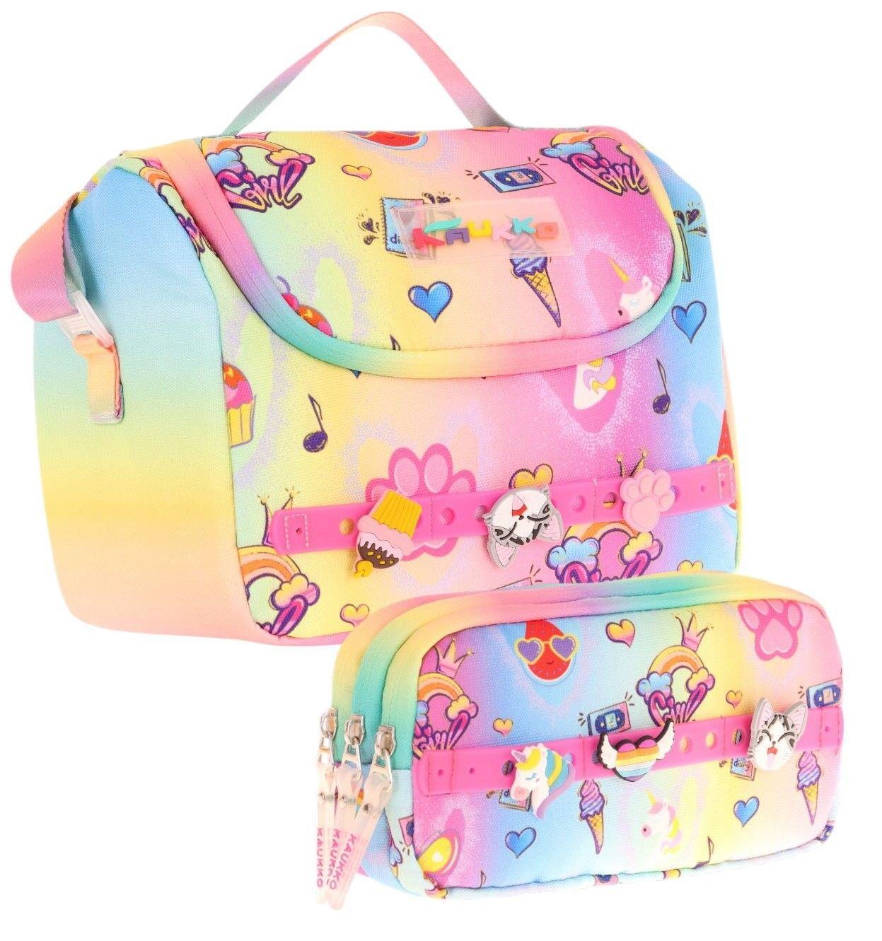 Kaukko Kids Isı Yalıtımlı Beslenme Çantası ve Üç Gözlü Kalemlik Seti - Kız Çocuk, Mavi Sarı (Silikon Aksesuarlı)