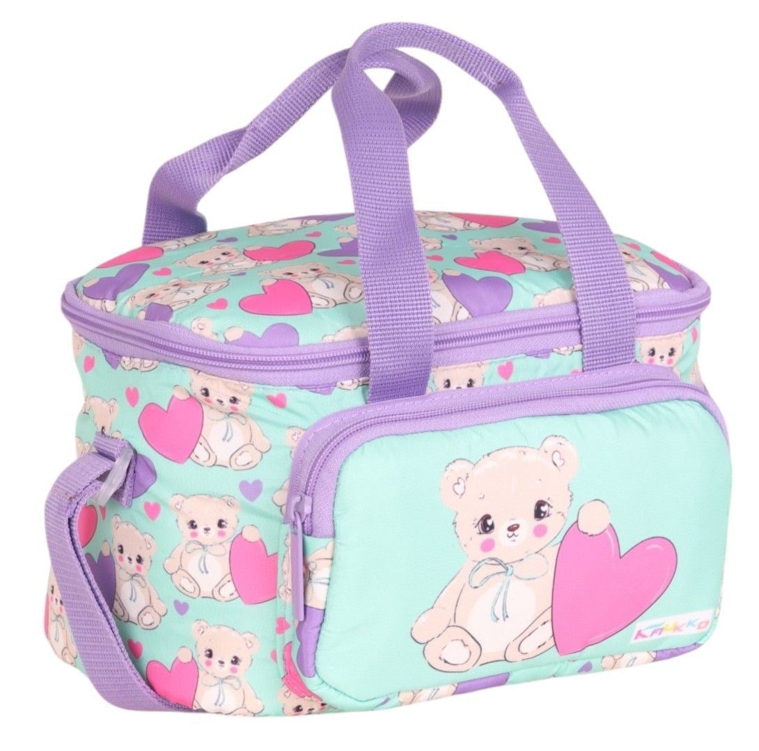 Kaukko Kids Kalpli Peluş Ayı Desenli Kız Çocuk İki Bölmeli Beslenme Çantası - Mor/Yeşil