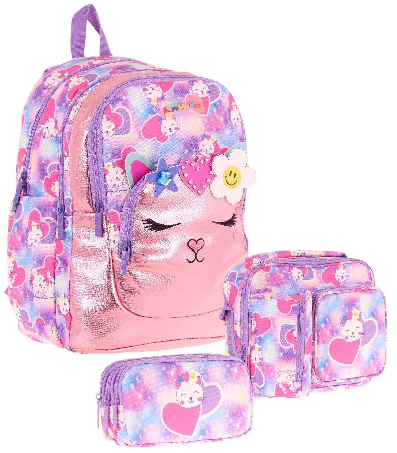 Kaukko Kids Kedi Şekilli (Pembe Mor) Kız Çocuk Üçlü İlkokul Okul Çantası Seti