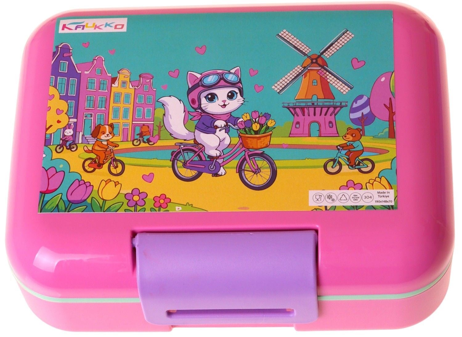 Kaukko Kids Kız Çocuk Bisikletli Kedi Baskılı Yeşil Çift Katlı Beslenme Kabı - L5332